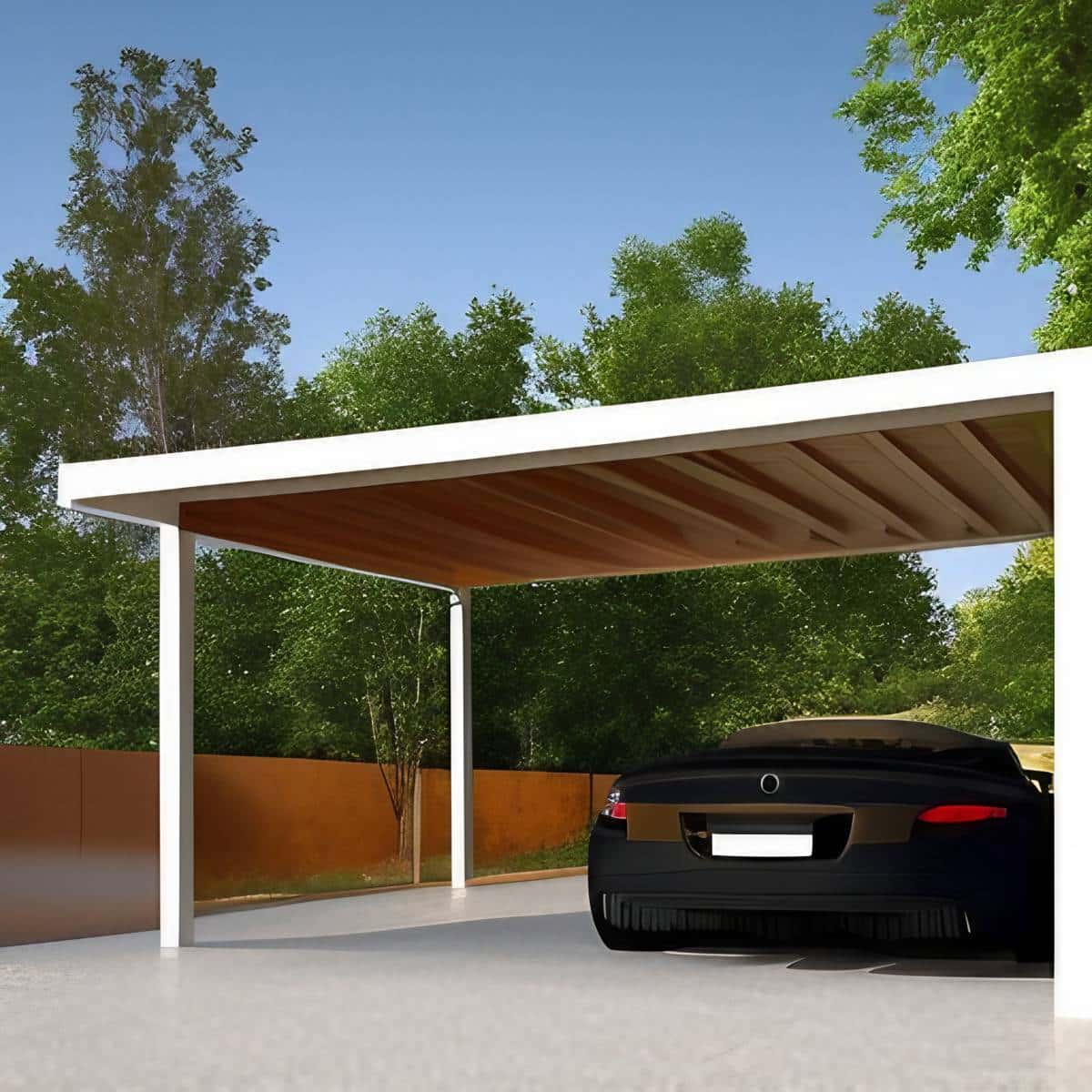 modern and spacious carport with a high ceiling, a black car parked in the carport 