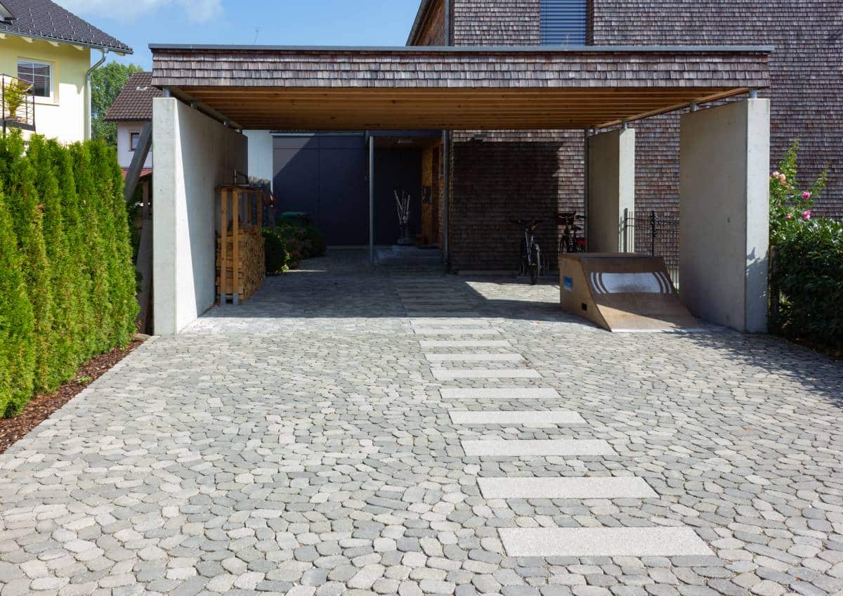 wooden and modern carport with bike corner, flat roof