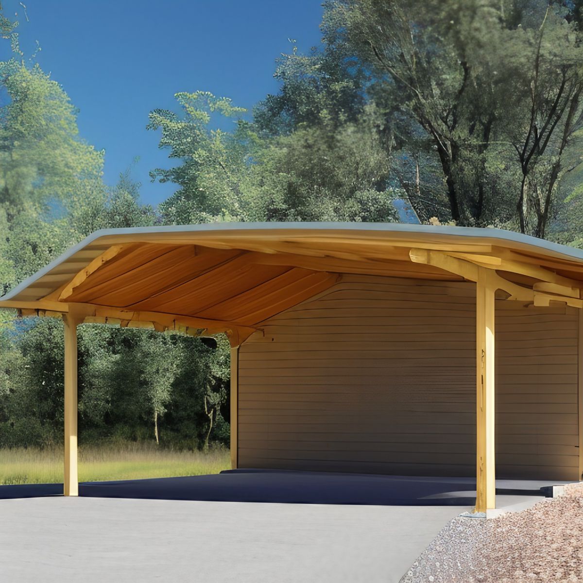 carport with saltbox roof pitched at an unequal angle, making one side longer and the other shorter for a steeper slope