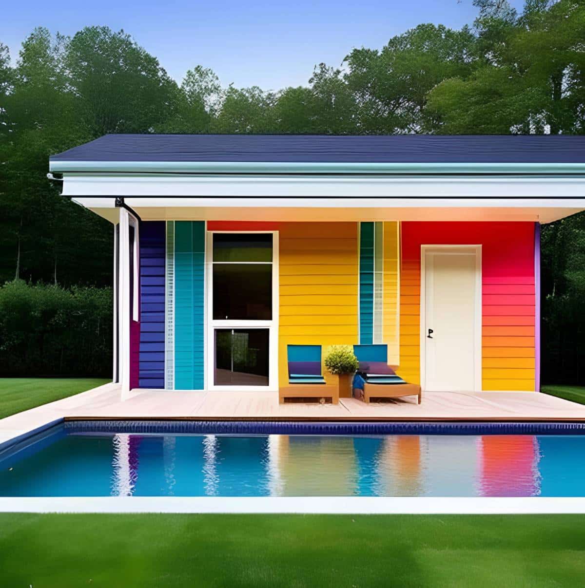 pool house with rainbow-coloured exterior wall 