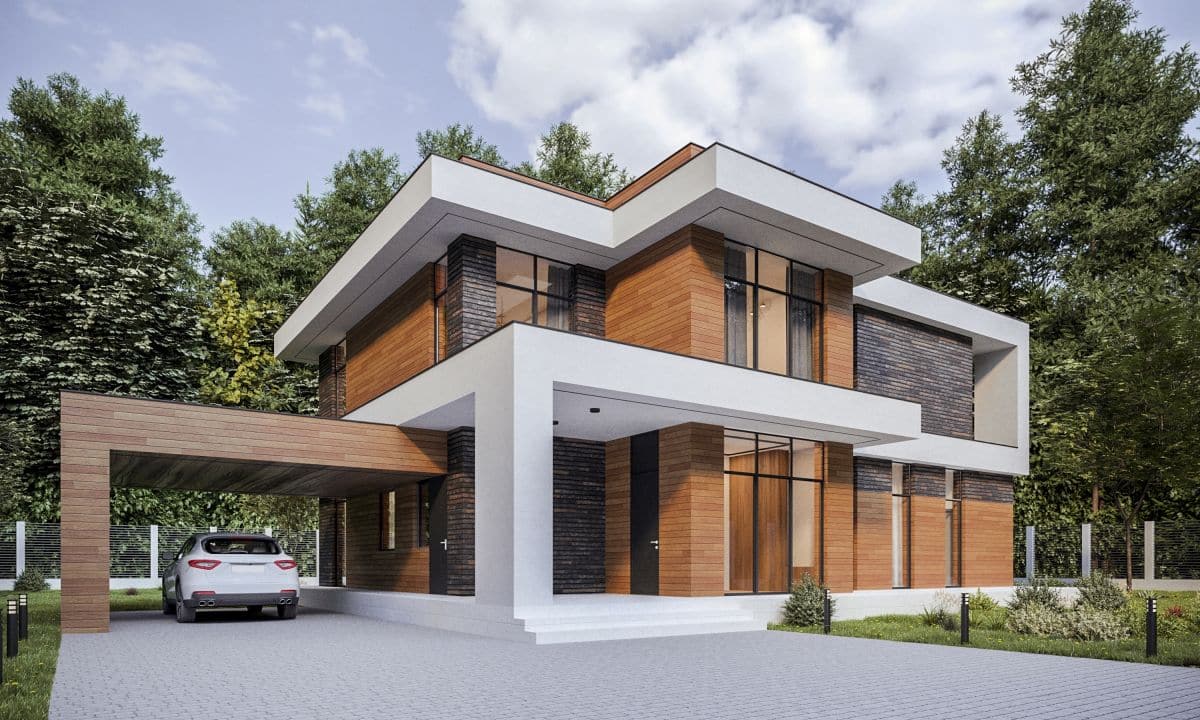 full view of two-storey modern house with carport beside the entrance