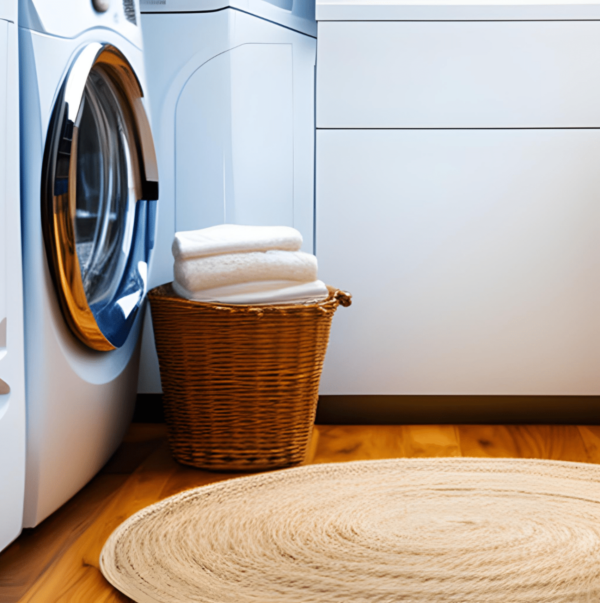 Laundry basket filled with stack of towels beside washing machine. Woven rug beside the basket