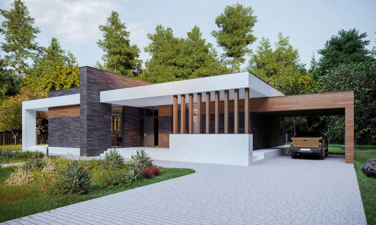 house with a flat roof and carport, sleek lines for modern design 