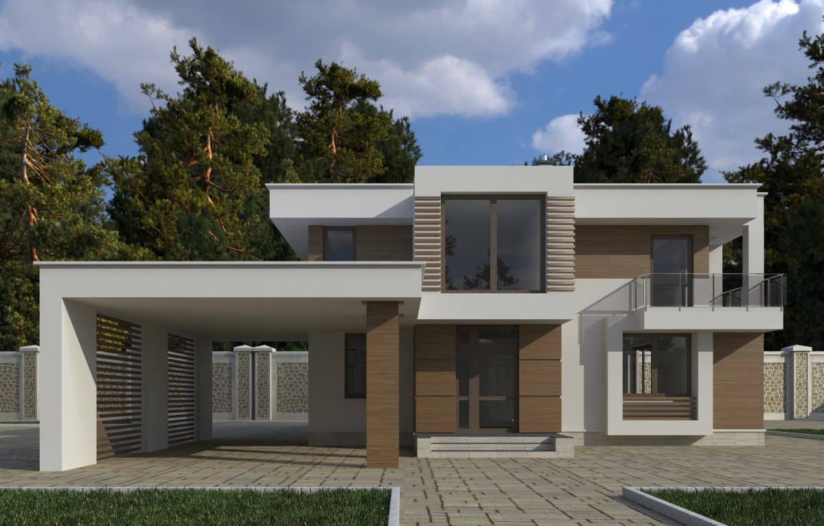 photorealistic render of a modern two storey-house, carport with horizontal wall slats on one side