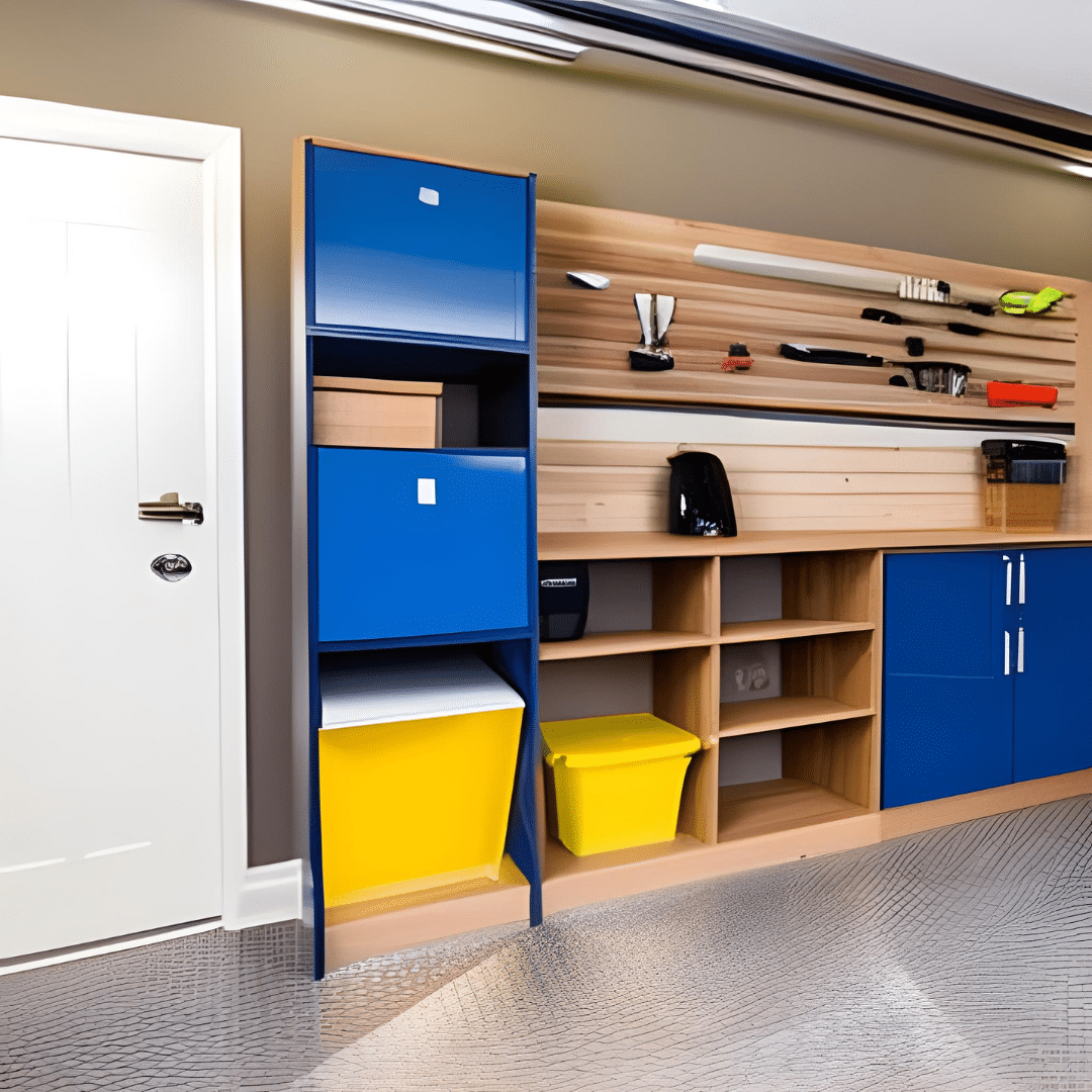 blue and yellow cabinet storage