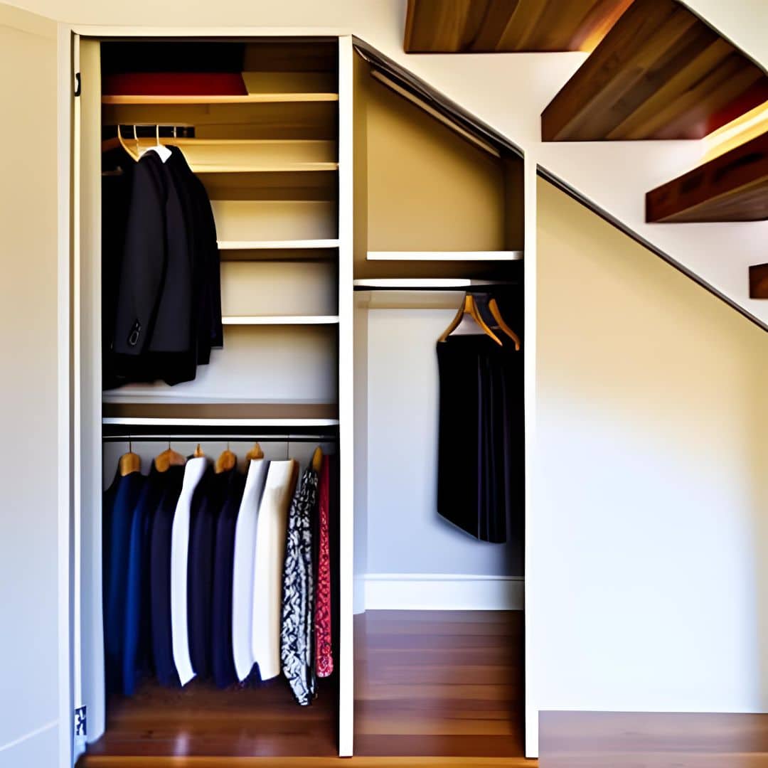 Convenient closet space under the stairs