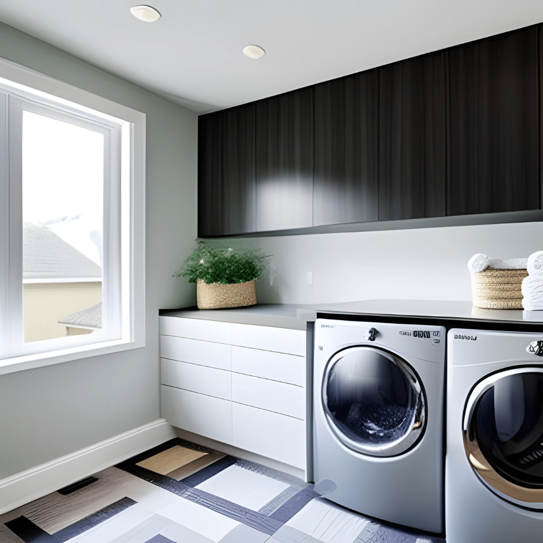 black cabinets and grey washer and dryers