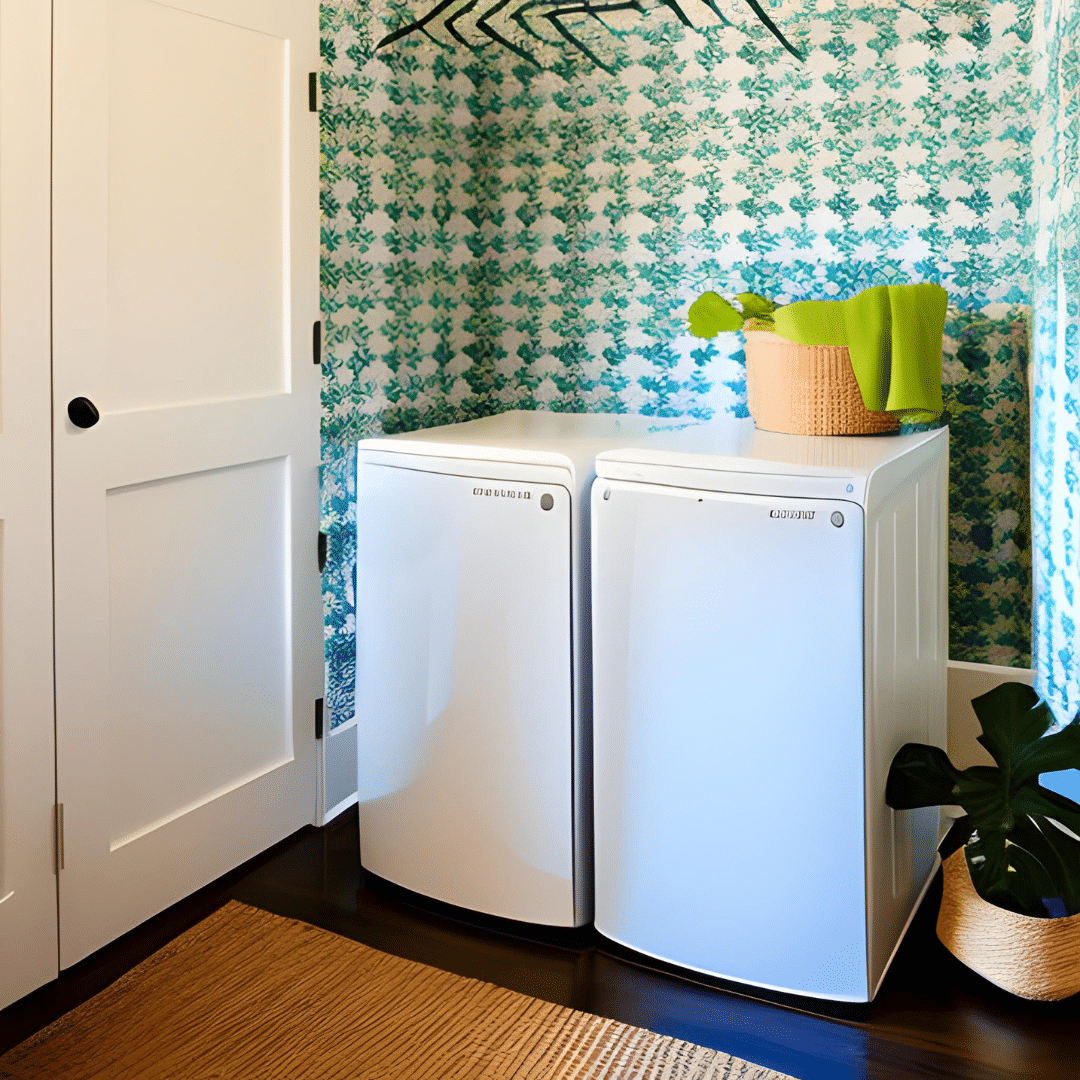 printed wallpaper in laundry interior