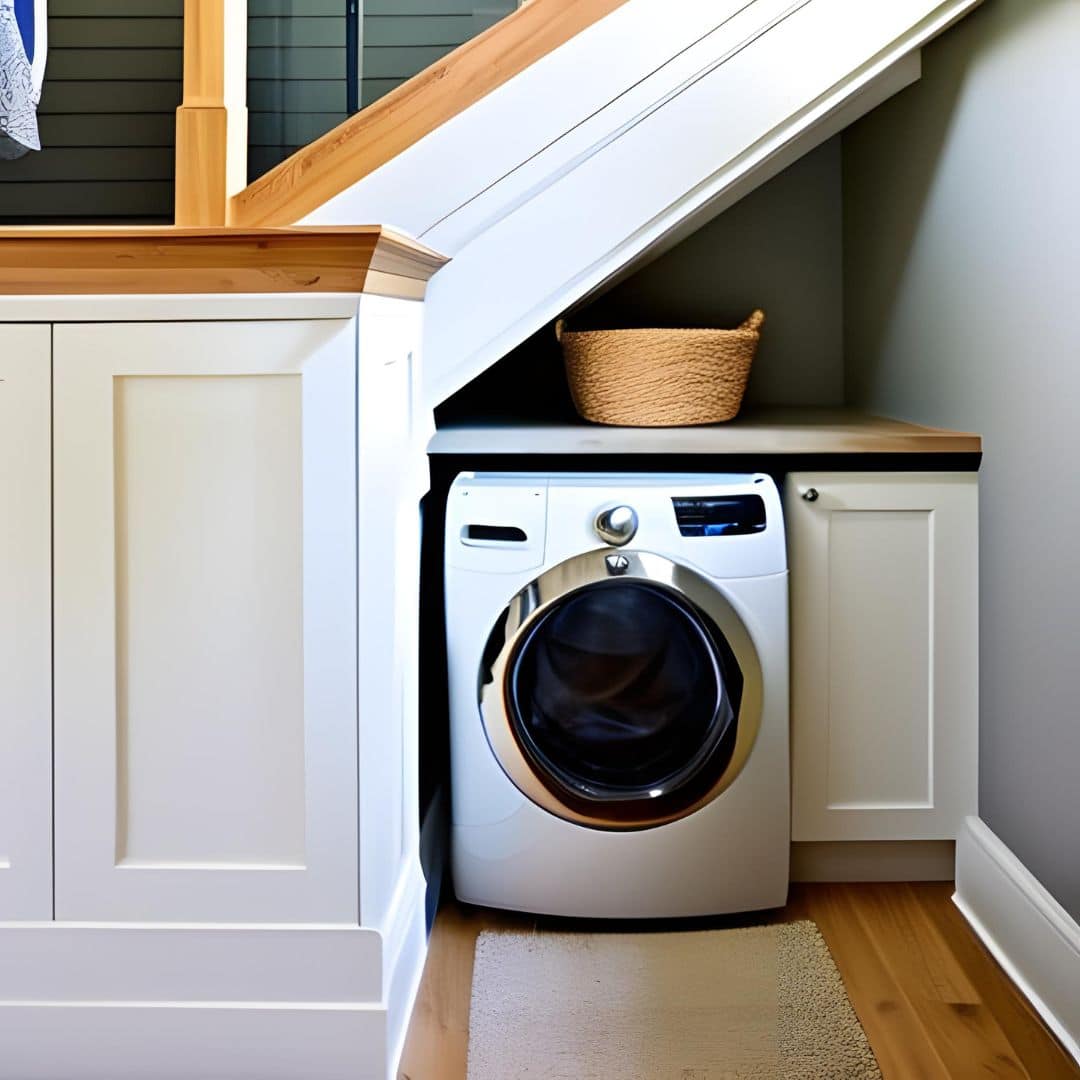an at-home laundry area tucked under the stairs