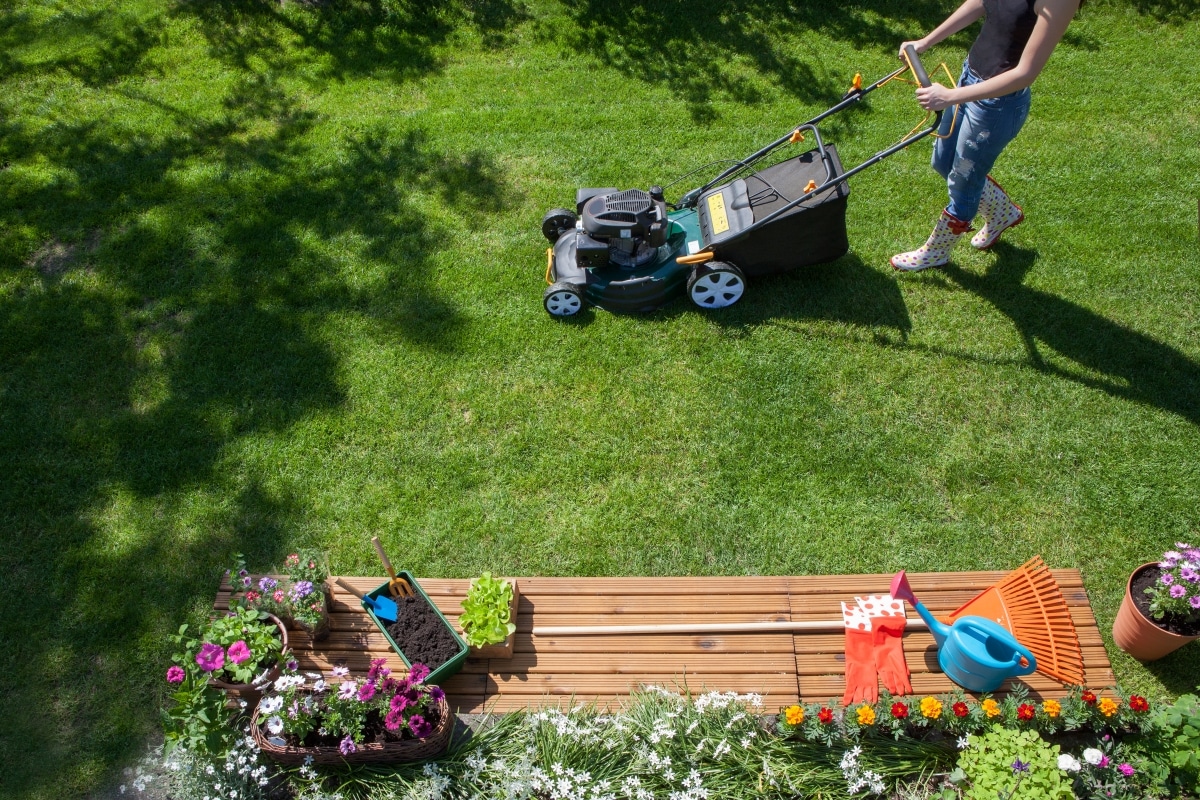 A woman mowing her lawn.