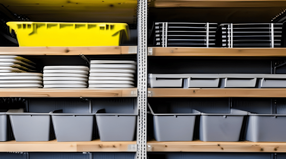 empty storage boxes in a tool shed shelf