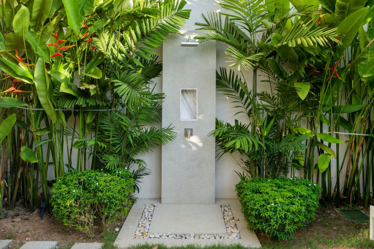 Outdoor rain effect shower in a garden