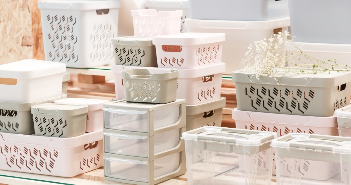 pastel plastic crates for storage and organising
