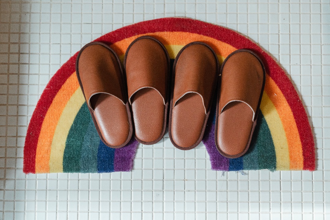 rainbow laundry rug with slippers