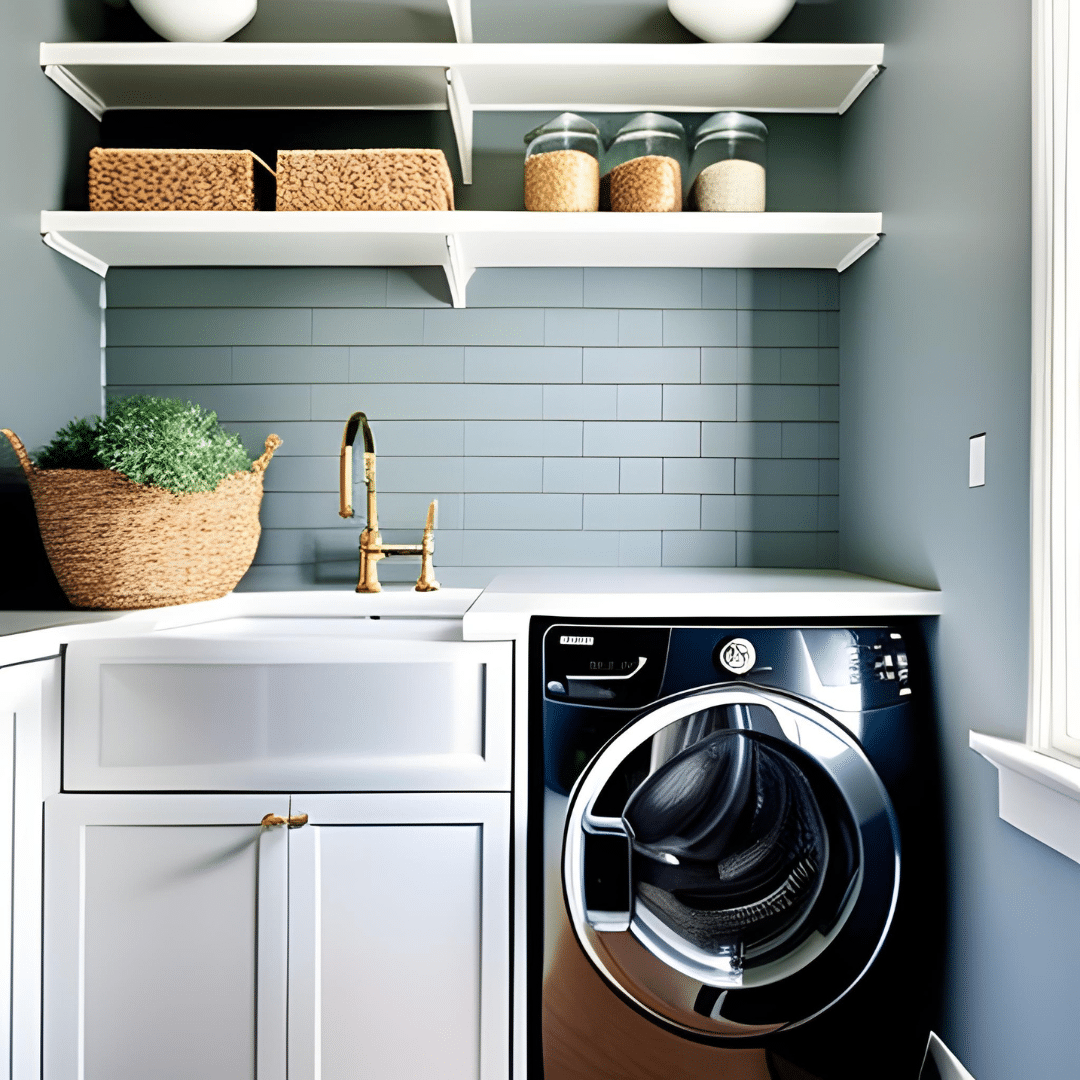 laundry room with subway tile wall