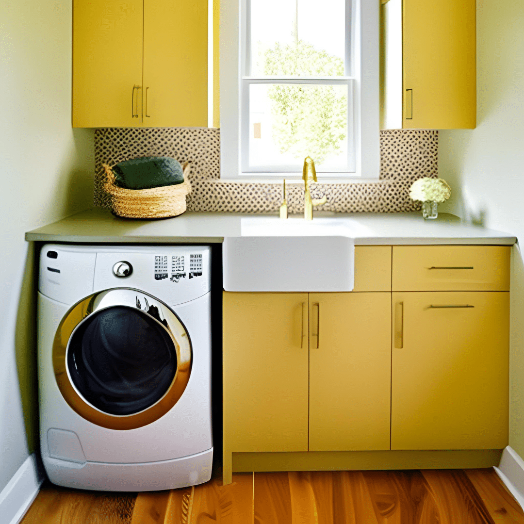 laundry room with yellow cabinets and drawers