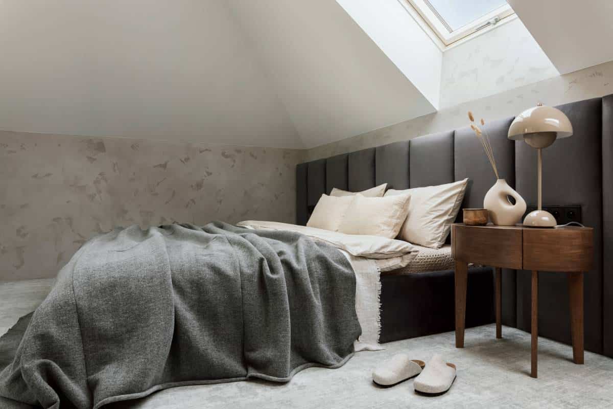 Minimalistic bedroom interior with grey bed, beige bedclothes, wooden night table and elegant personal accessories