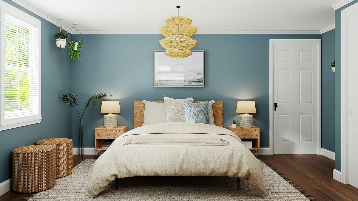 Bedroom with plants, blue walls, and a small chandelier