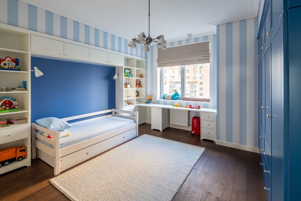blue striped bedroom