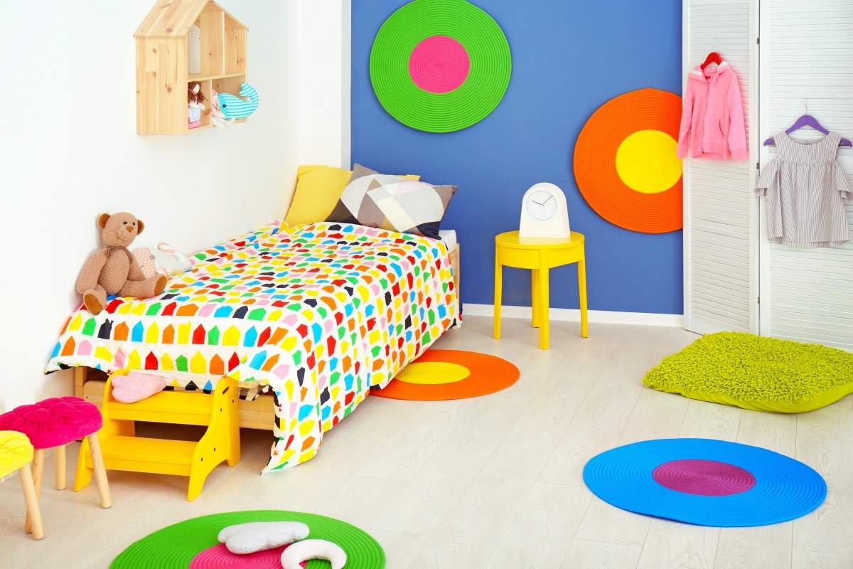 playful kids bedroom with colour block interior