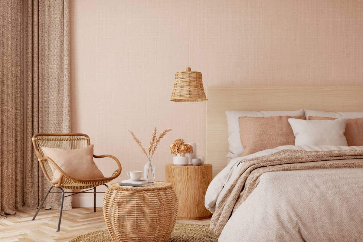 Beige bedroom with rattan and jute basket, chair, and lamp