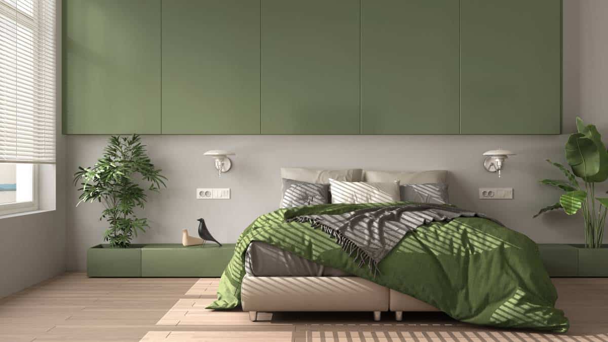 Modern white and green minimalist bedroom