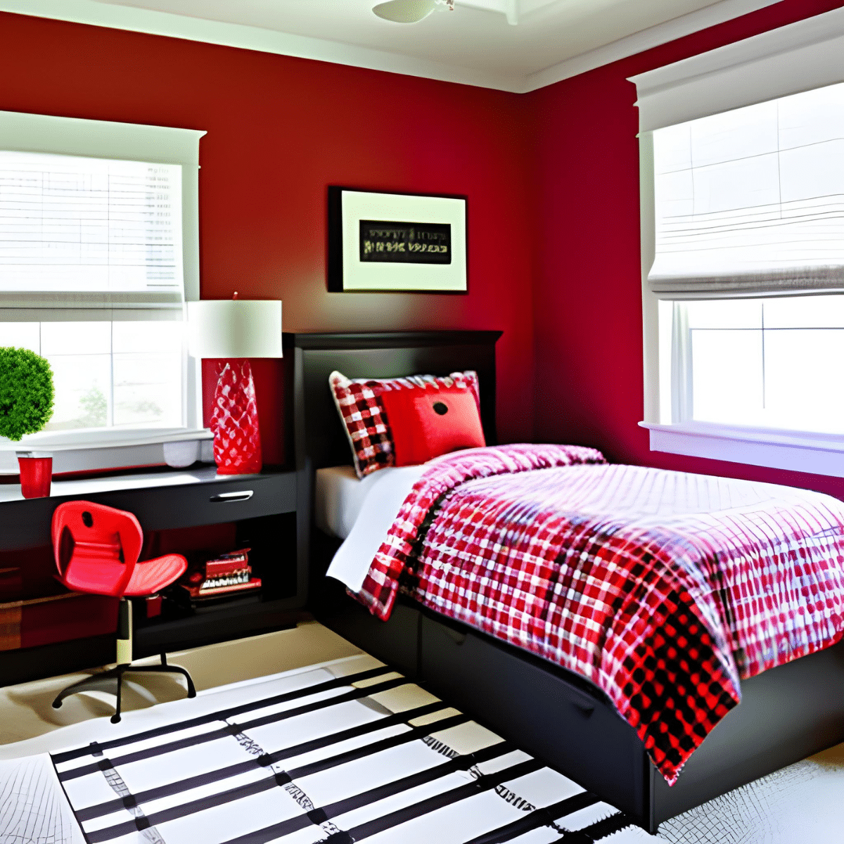 red plaid-themed teen boy's bedroom