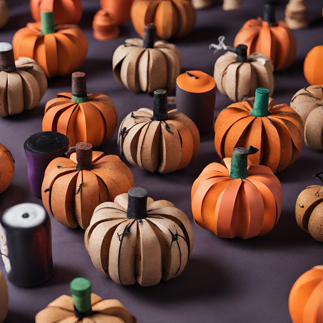DIY pumpkins made from colored paper, spray paint, and wine corks.