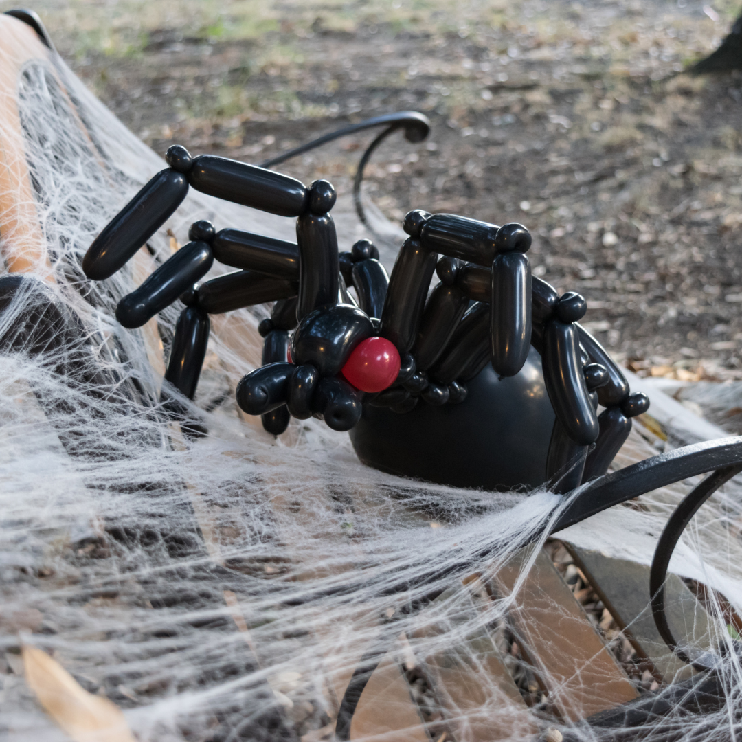 A spider Halloween decoration made from black balloons.