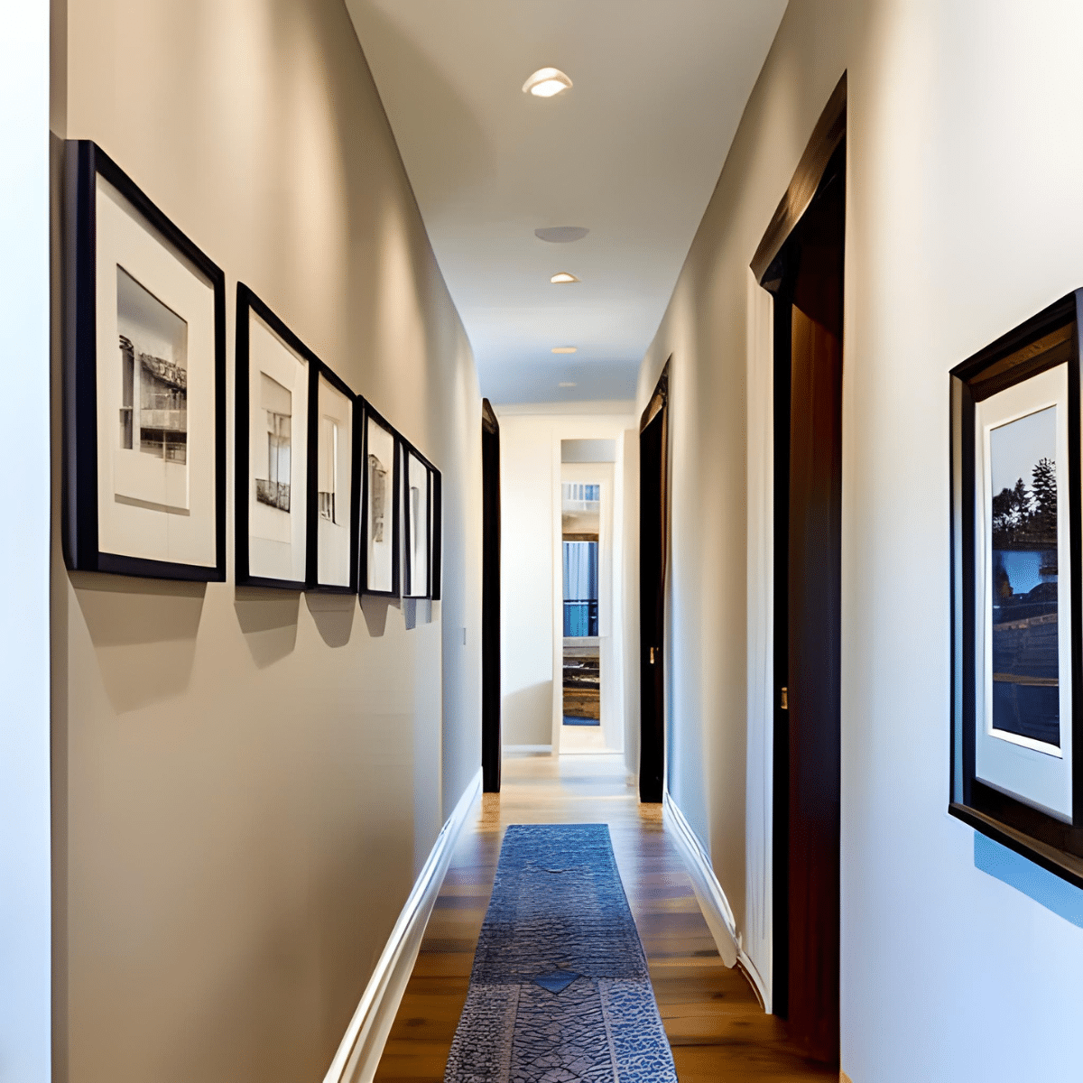 a home's narrow hallway with photos on the wall