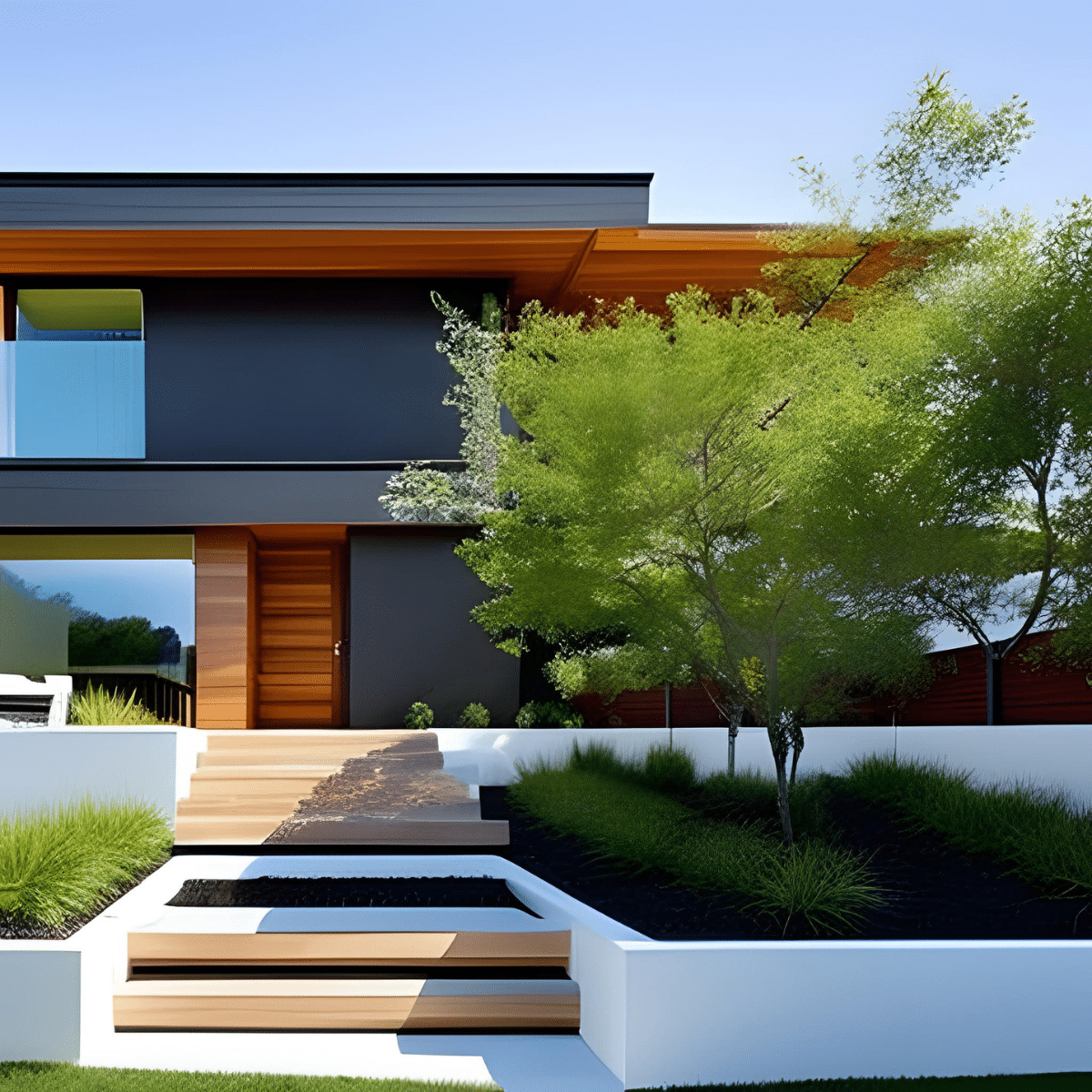 modern home with wood decking as front stairs and minimal landscaping with shrubs and small trees