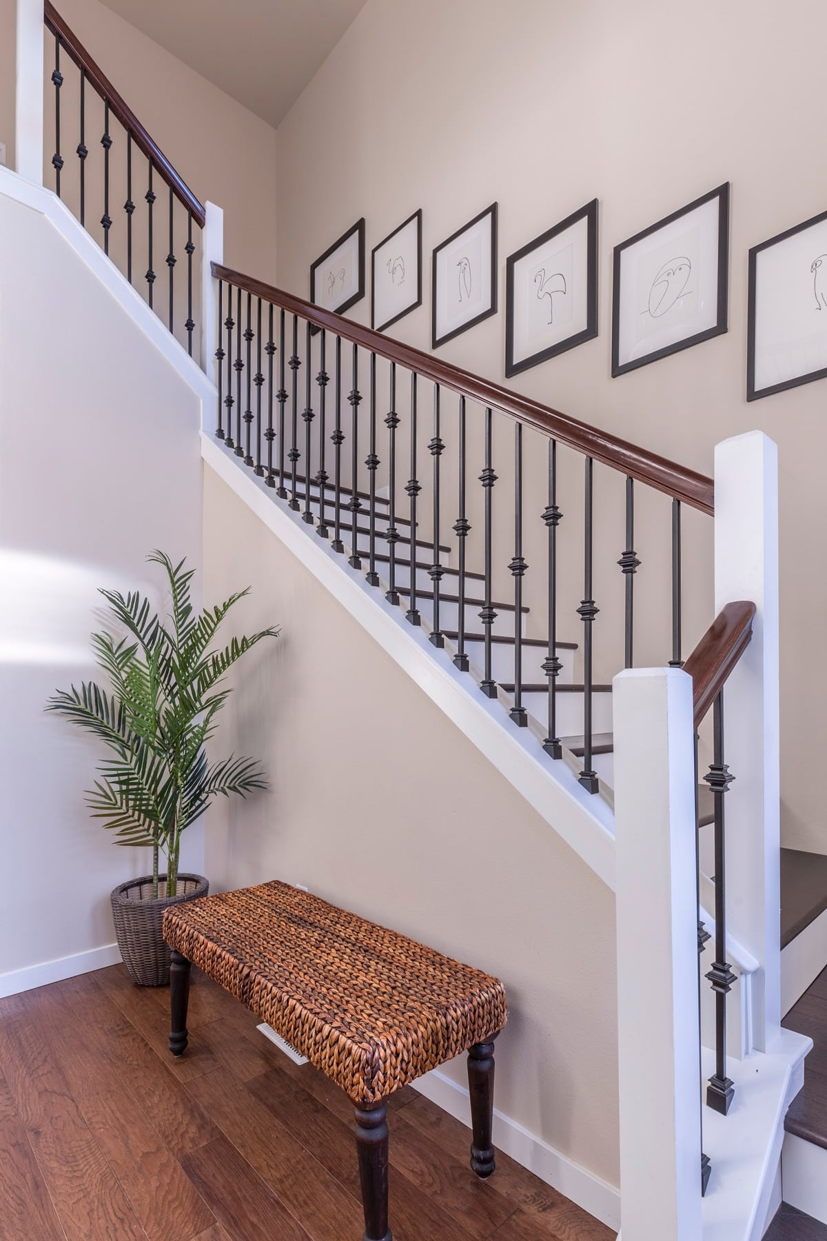 staircase with photos lining the wall next to it