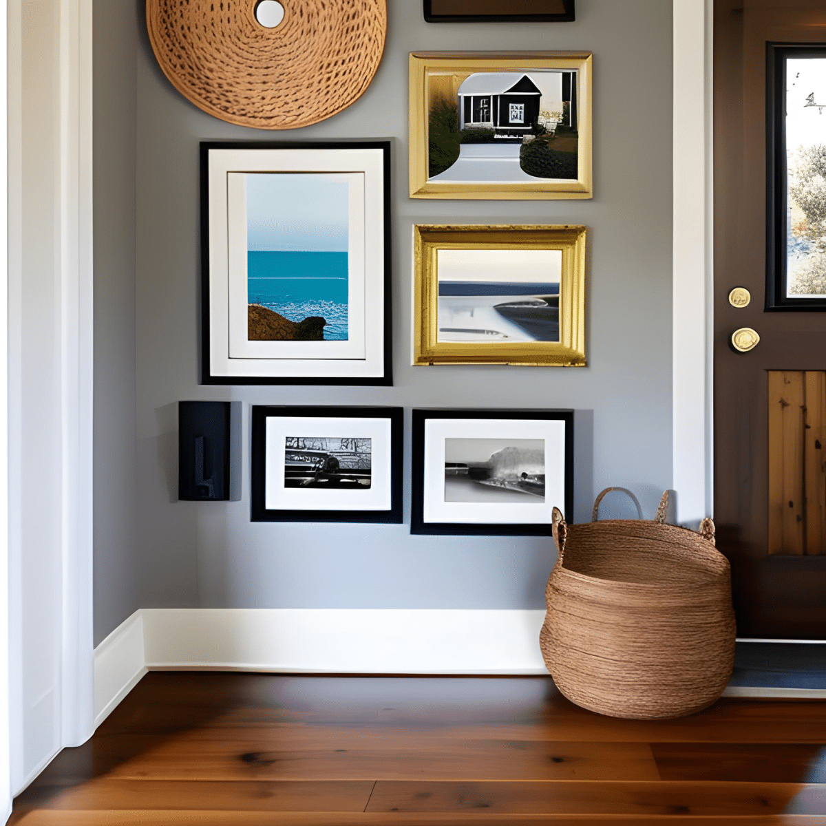 framed photo wall next to a home's front door