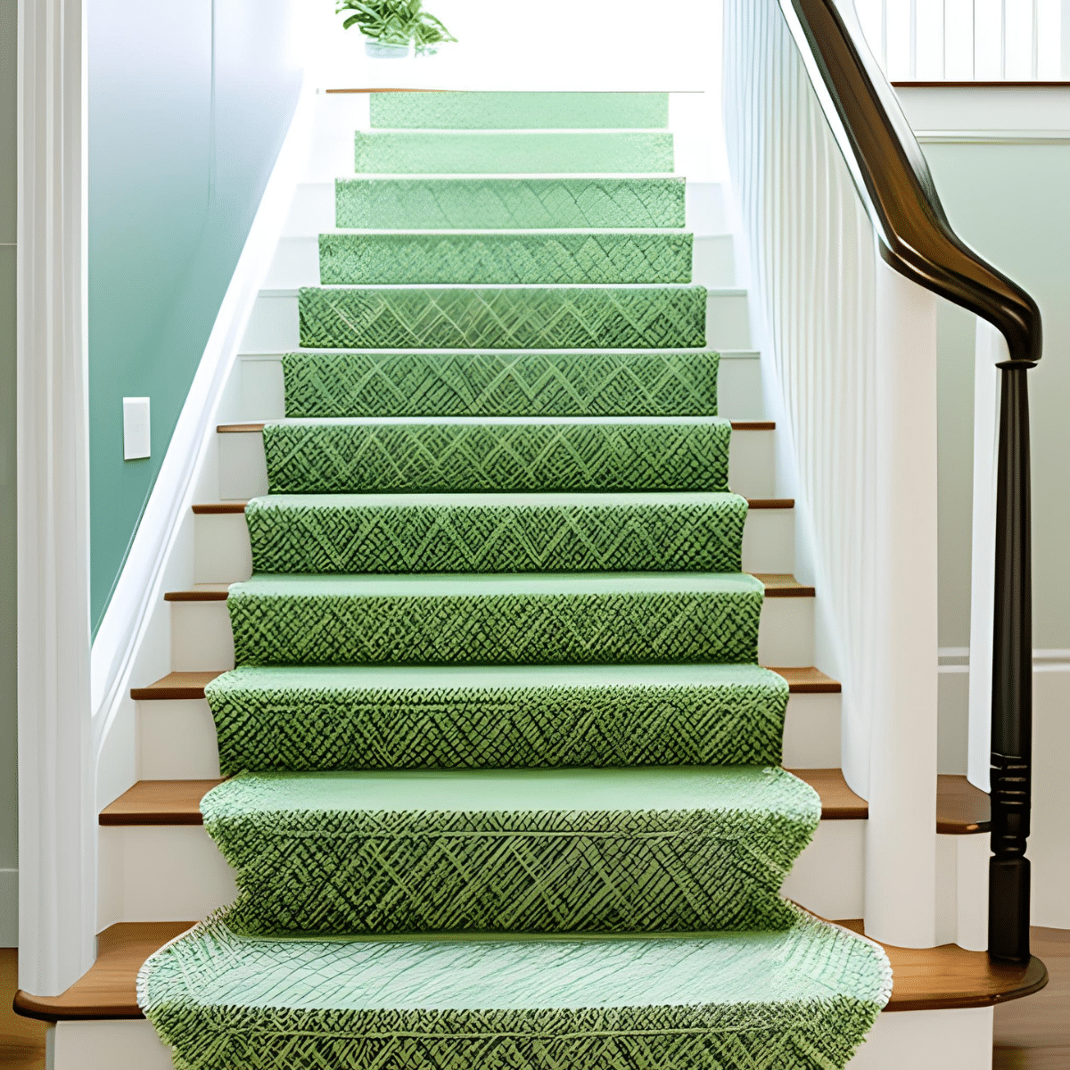 white staircase with a subtle green patterned runner