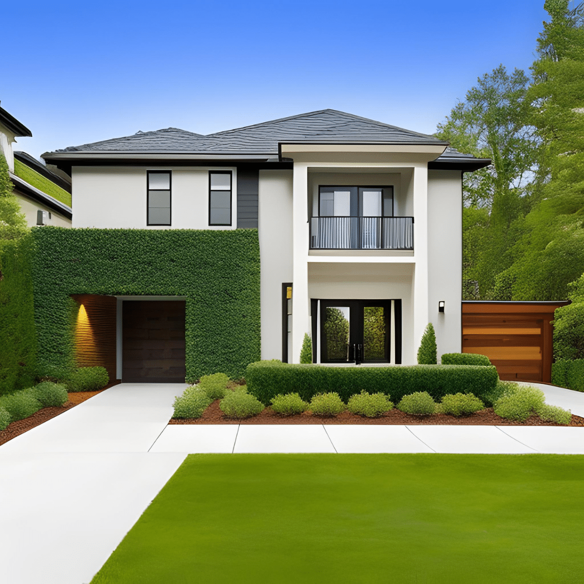 house exterior with concrete pavers in the yard, hedges lining the entrance, and ground cover plants at a beautifully maintained lawn.