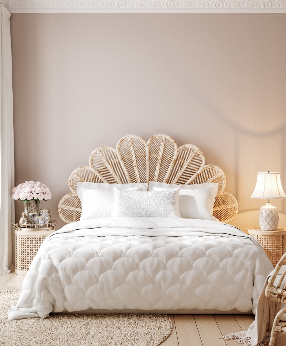 Bed with flower-like feminine headboard in a luxury bedroom