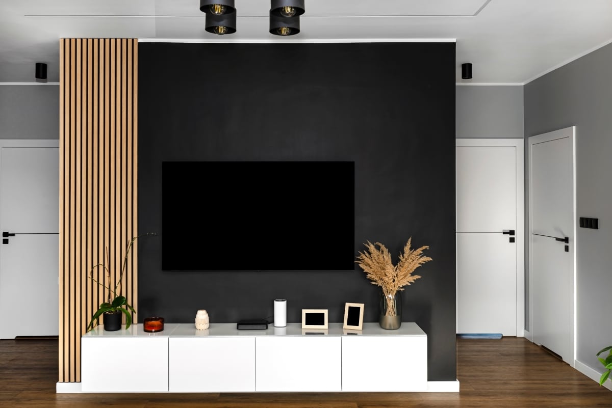 living room tv wall with black matte wall