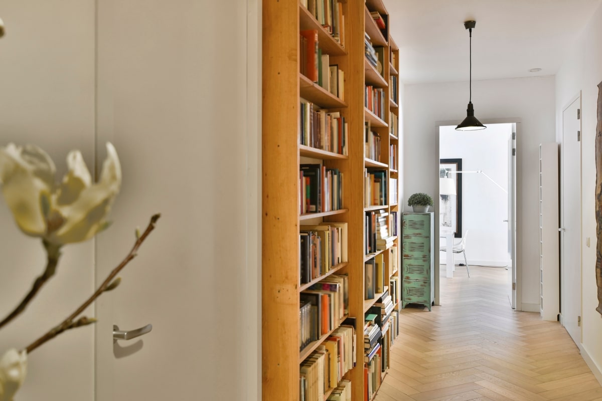 bookshelves in hallway