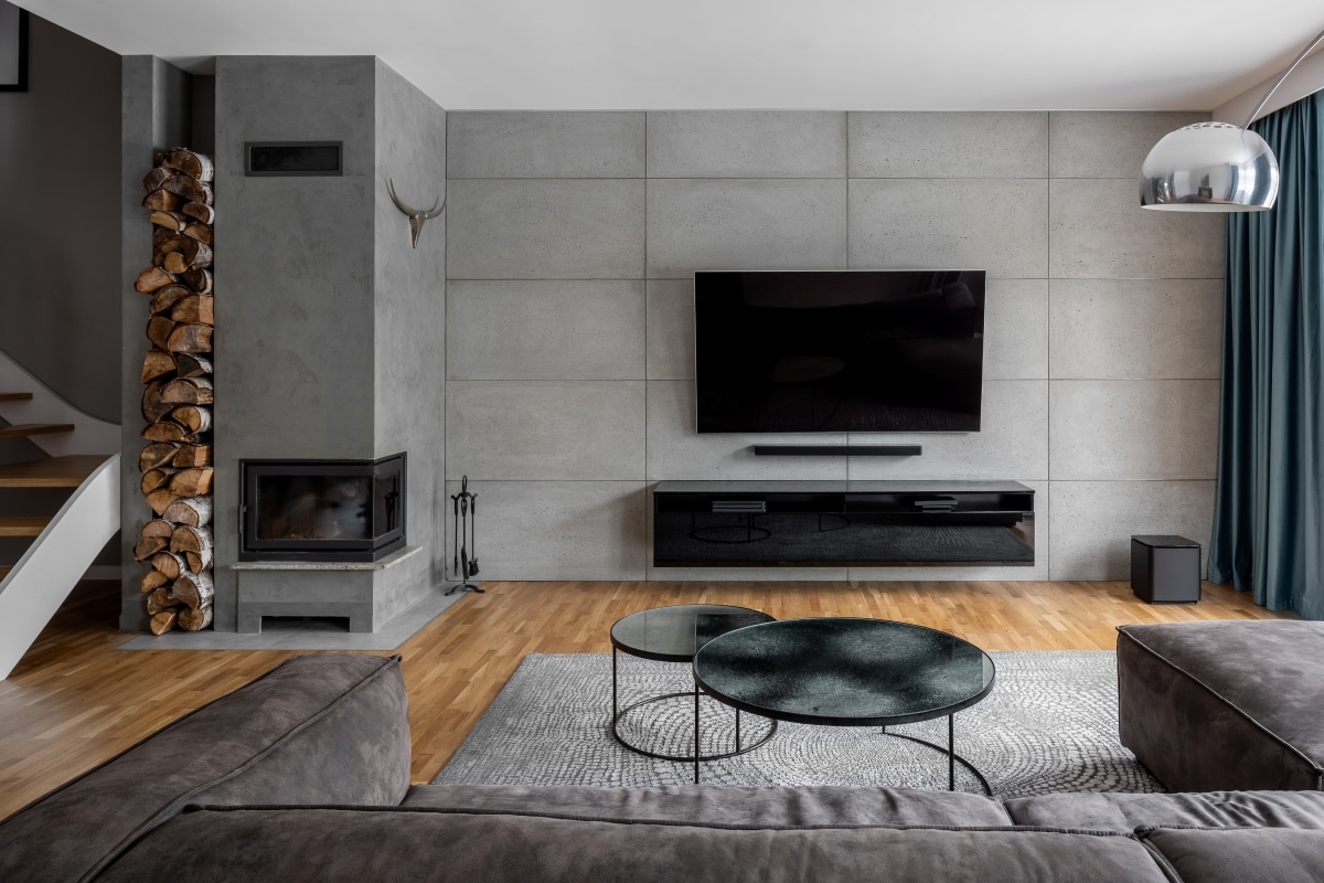 TV living room with cement wall