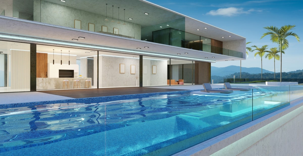 Luxury villa exterior design with beautiful glass infinity pool