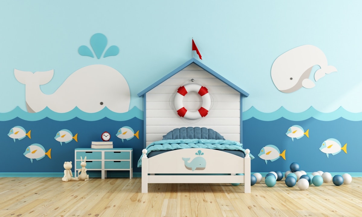 Kids room in marine style with toys