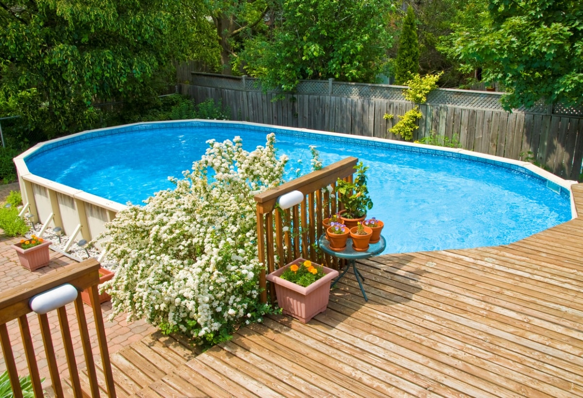 Above ground swimming pool near decking and flowers