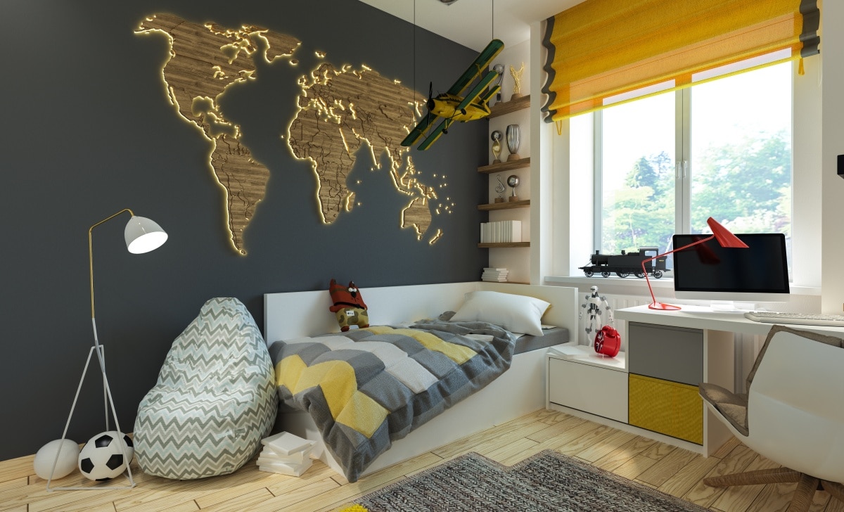 A teen bedroom with a golden map of the world decor on the wall