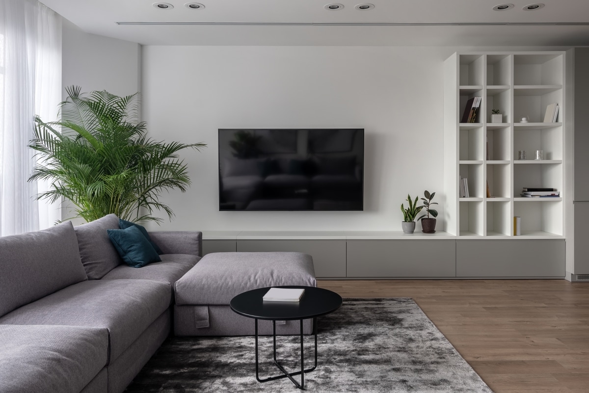 tv wall with window type shelving