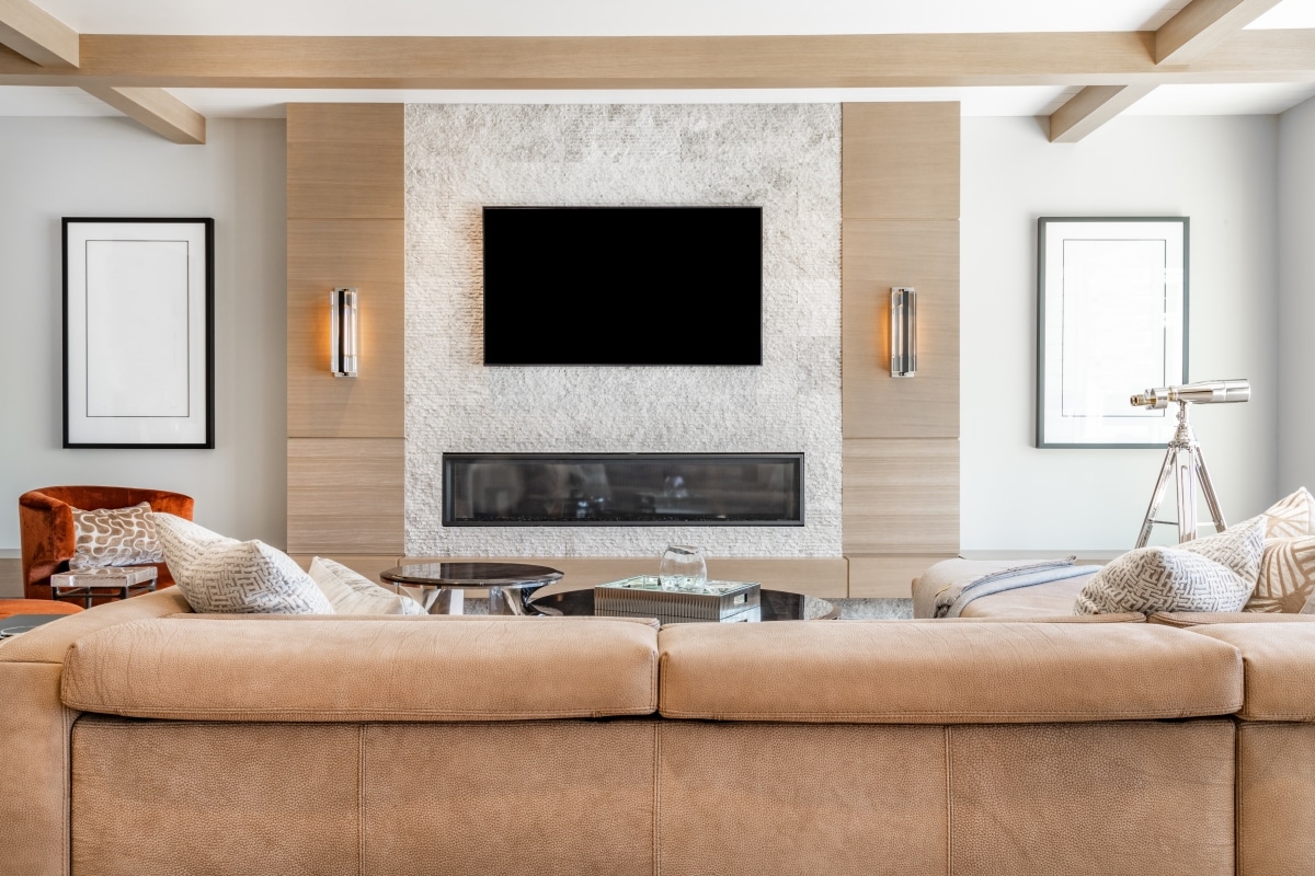 wood accent paneling on tv wall