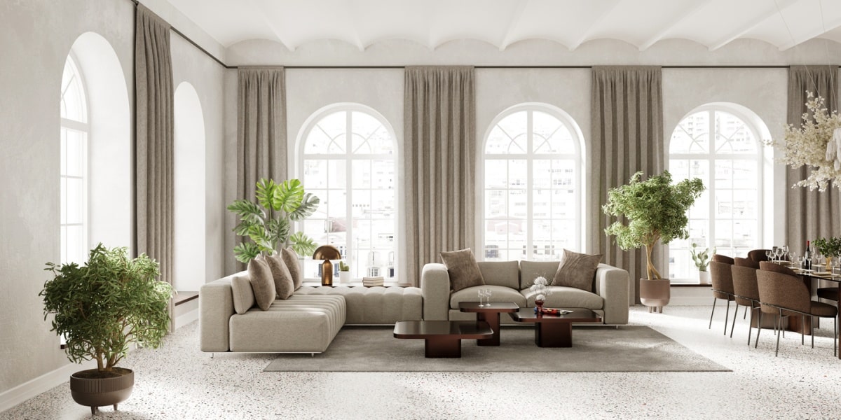 Living room interior with arch windows, furnished with modern sofa and dining table