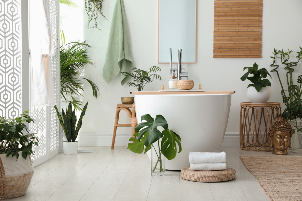modern bathroom with indoor plants and elegant divider