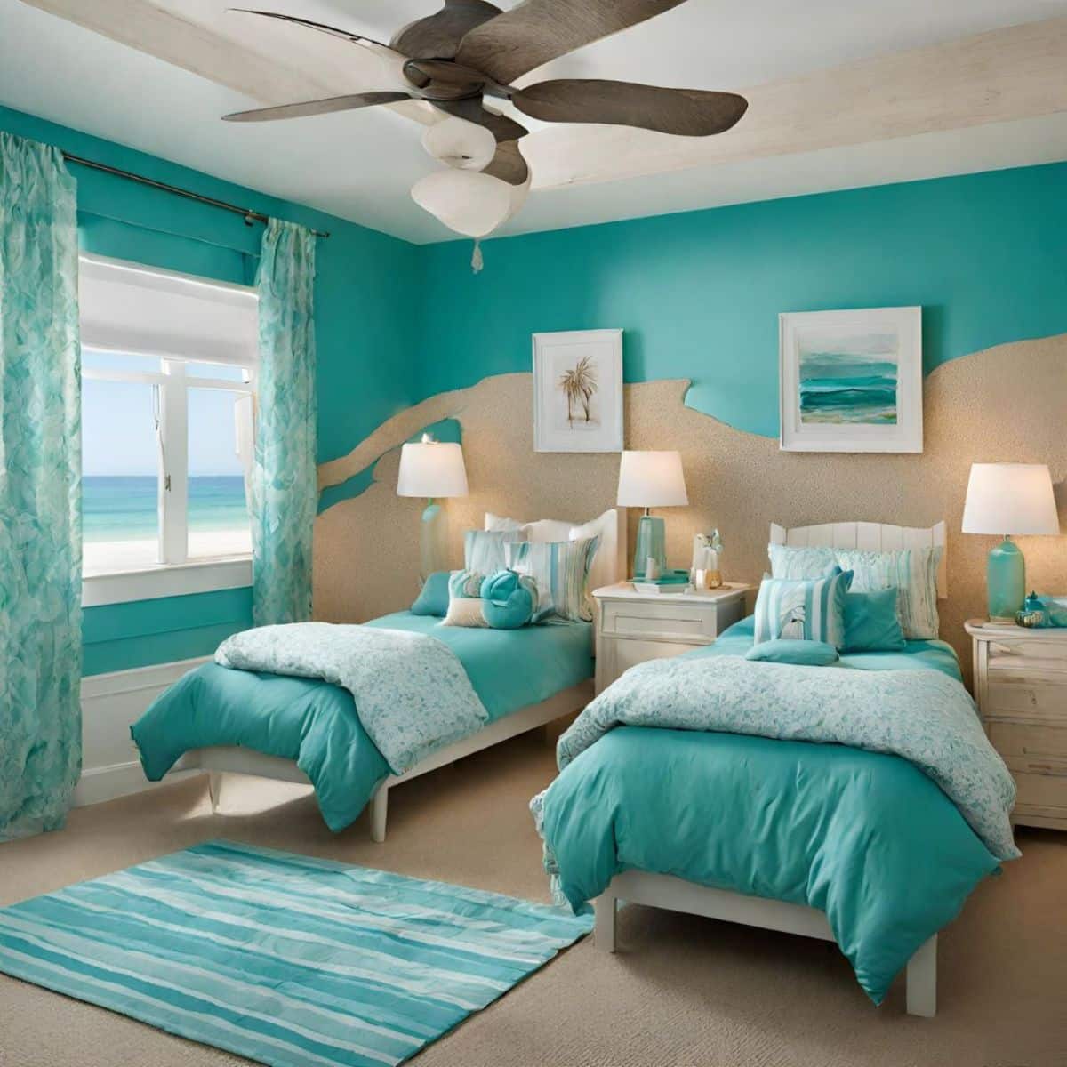 a teal bedroom for two kids, decorated with picture frames, lamps, and a ceiling fan