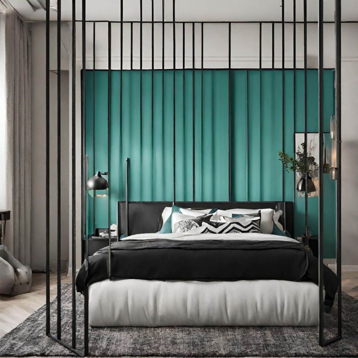 a bed surrounded by black posts against a teal wall