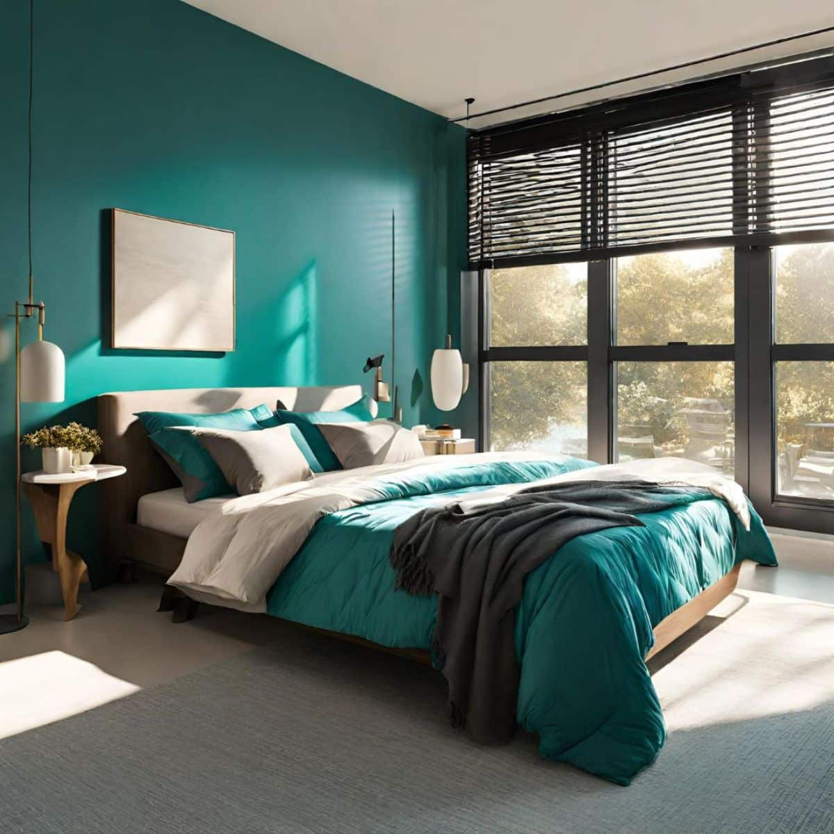 a teal bedroom beside a window with the sun shining through